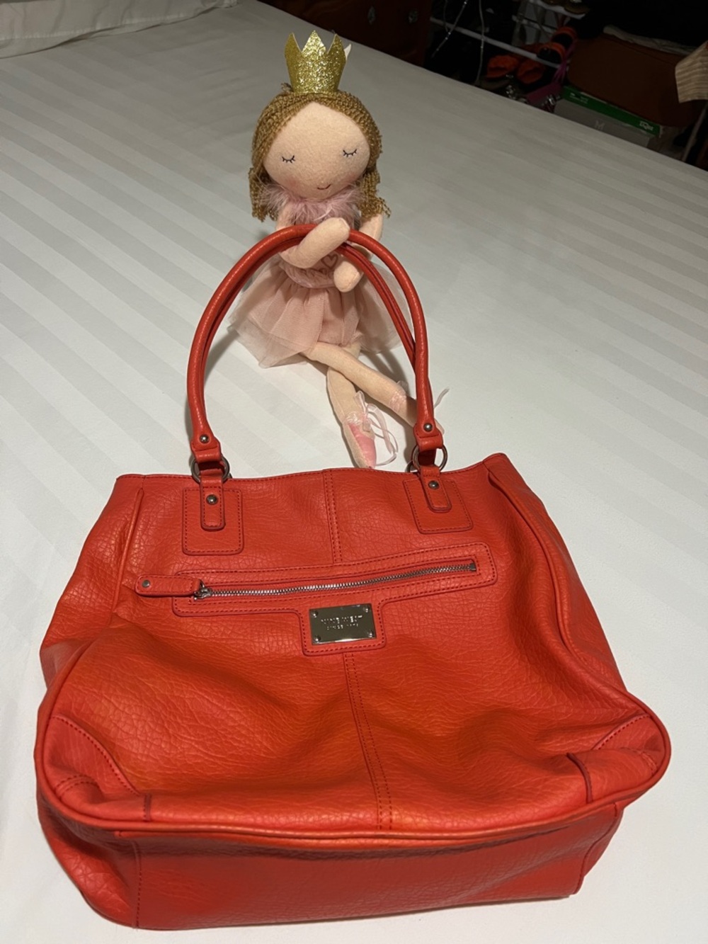 Coral-Red Leather Tote Bag